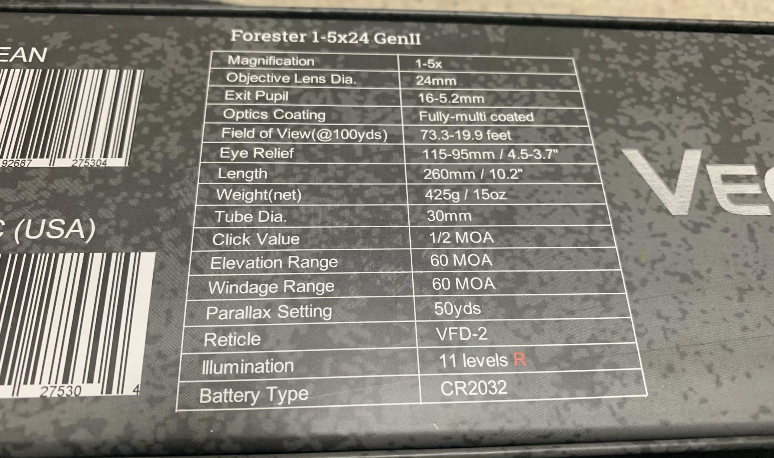 VECTOROPTICS フォレスター　GEN2 箱の裏側