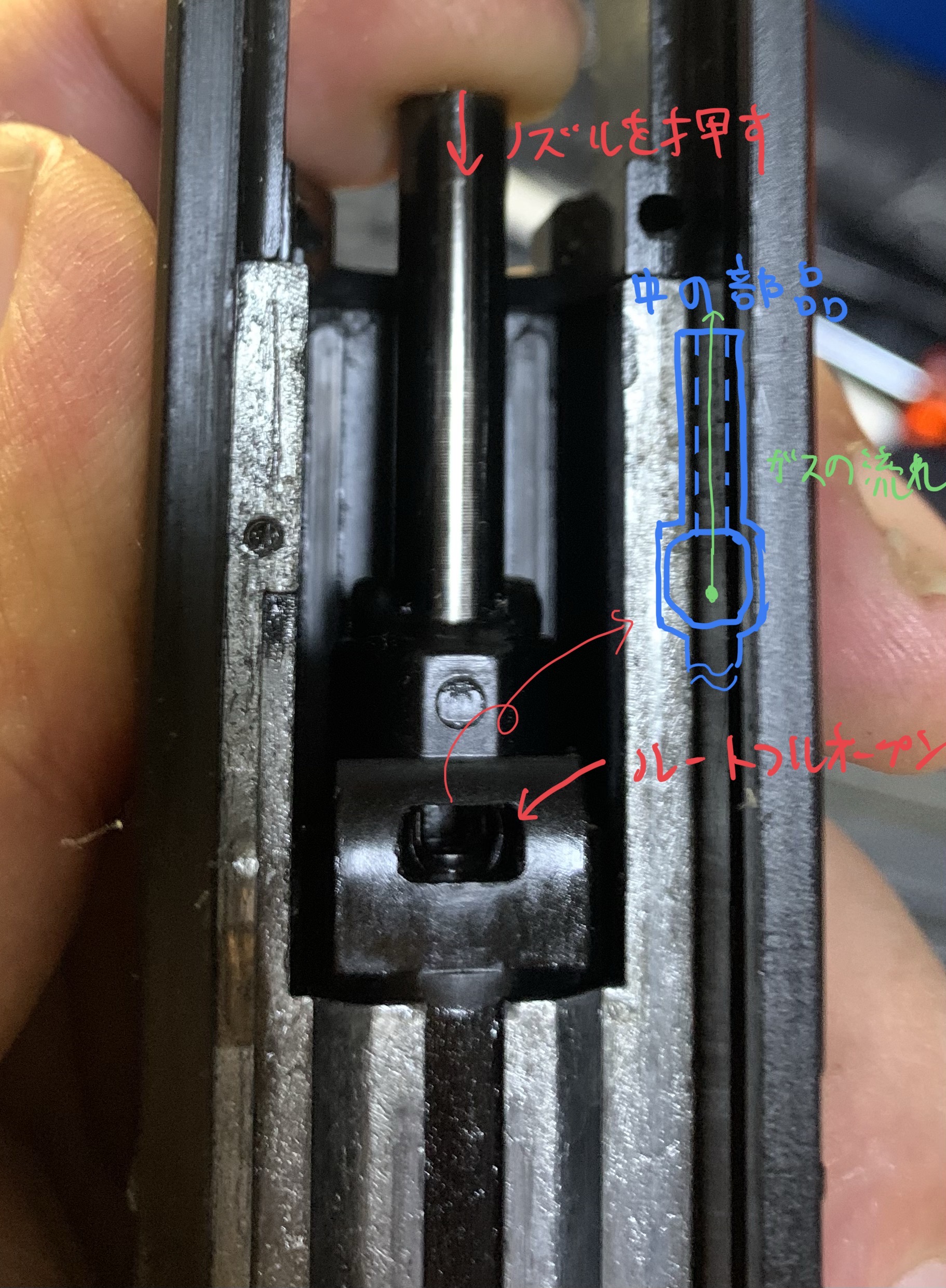 KSC MK23 ソーコムピストル　CO2 ABS ピストンユニットの発射時のガスルート