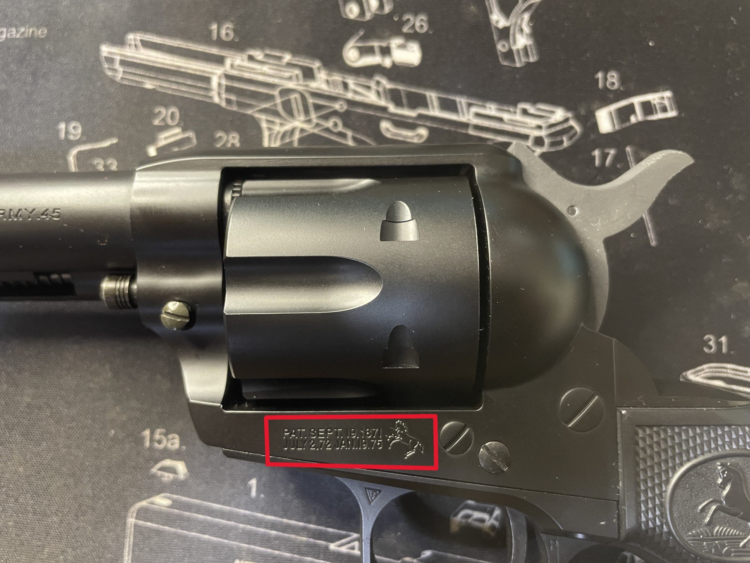 東京マルイ　SAA.45 アーティラリー　フレーム左側面　刻印